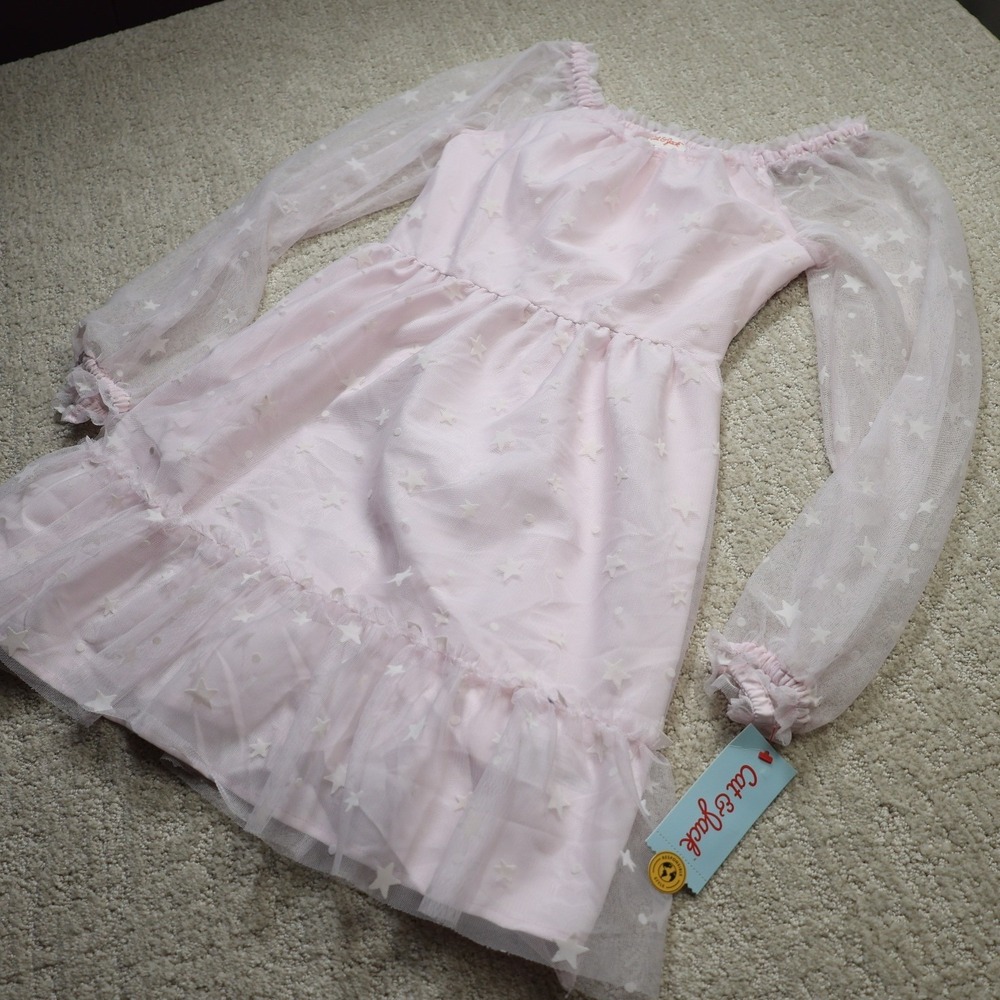 Cat & Jack Girls Pastel Pink Star Tulle Dress L 10/12 Long Sleeve Mesh Ruffle